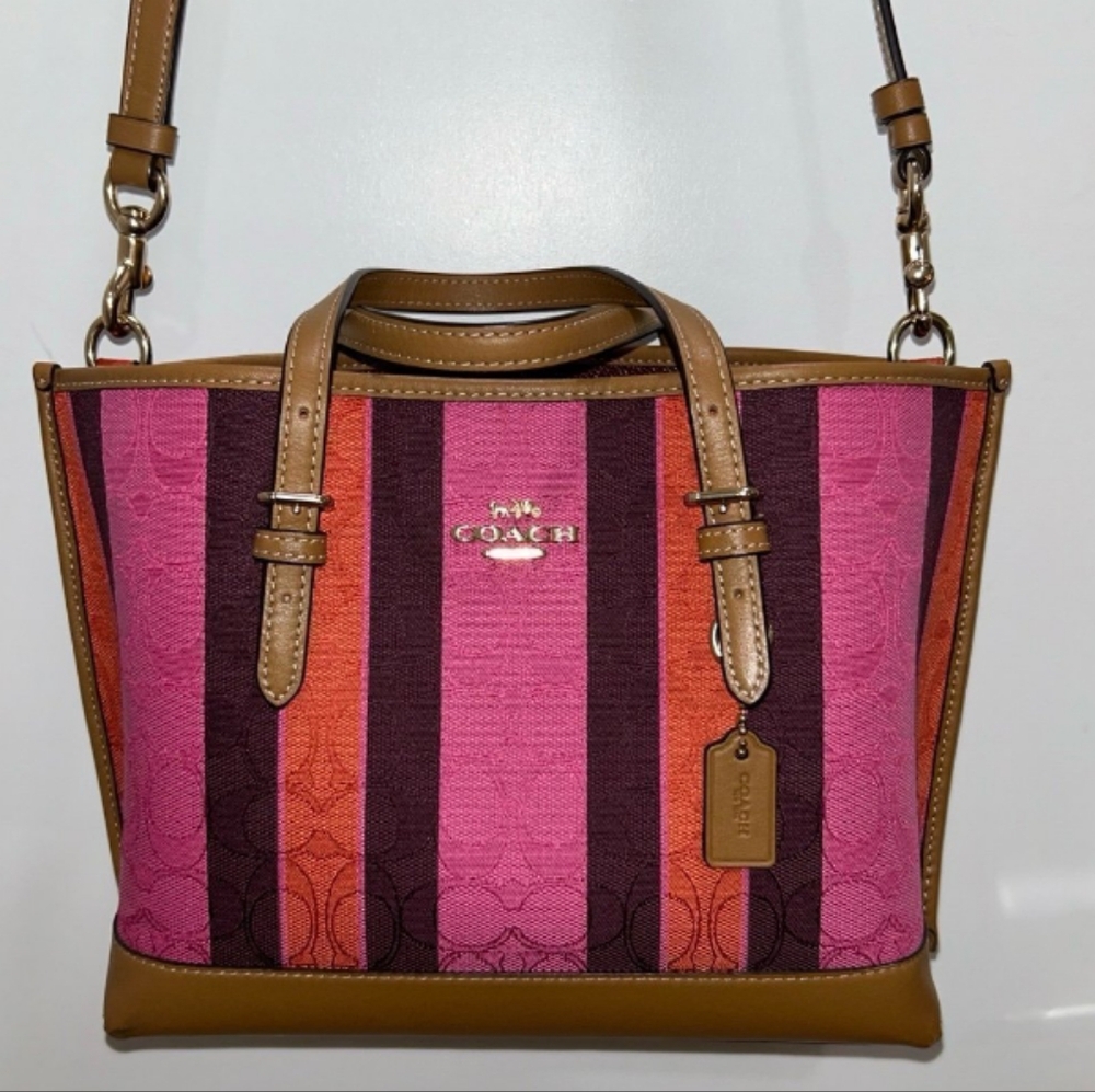 Coach Mollie Signature Jacquard with Stripes Women's Tote -  Pink/Burgundy Multi